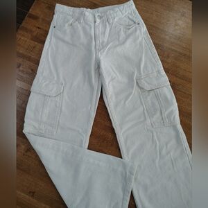 H&M 100% Cotton Loose Fit Wide Leg Cargo Jeans White Size 14 Kids